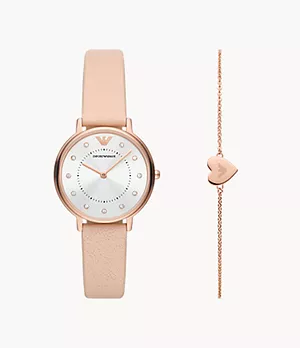 Emporio Armani Two-Hand Nude Leather Watch and Bracelet Set