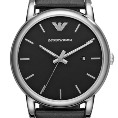 Coffret montre Emporio Armani à trois aiguilles avec date en cuir, noire, et bracelet