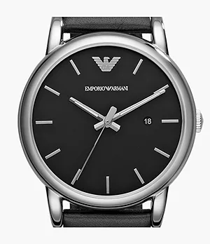 Emporio Armani Three-Hand Date Black Leather Watch and Bracelet Set