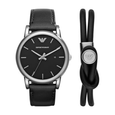 Emporio Armani Three-Hand Date Black Leather Watch and Bracelet Set -  AR80059 - Watch Station