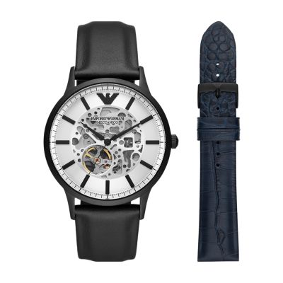 Coffret montre Emporio Armani automatique à trois aiguilles à balancier  ouvert et bracelets interchangeables en cuir, bleu et noir - AR80060 -  Watch Station