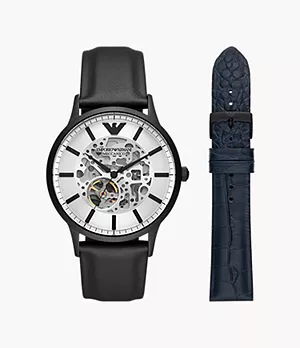 Ensemble Emporio Armani de montre OBW à trois aiguilles automatique et de bracelet interchangeable en cuir bleu et noir
