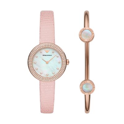 Emporio Armani Two-Hand Pink Leather Watch and Bracelet Set