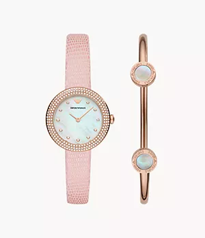 Emporio Armani Two-Hand Pink Leather Watch and Bracelet Set