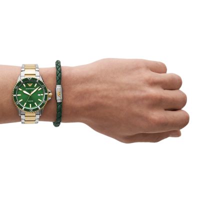 Uhr Datum 3-Zeiger-Werk Armani Watch Edelstahl Bicolor Armband AR80063SET Emporio Station - Set -