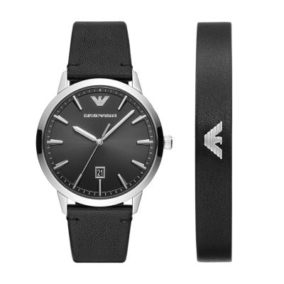 Emporio Armani Three-Hand Date Black Leather Watch and Bracelet Set