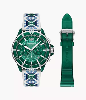 Montre chronographe multicolore Emporio Armani avec ensemble de bracelets interchangeables en polyuréthanne et rPET