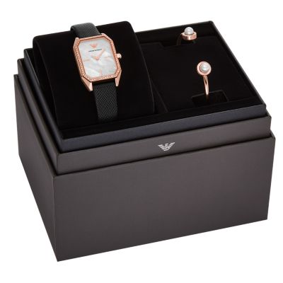 Emporio Armani Two-Hand Black Leather Watch and Rose Gold-Tone