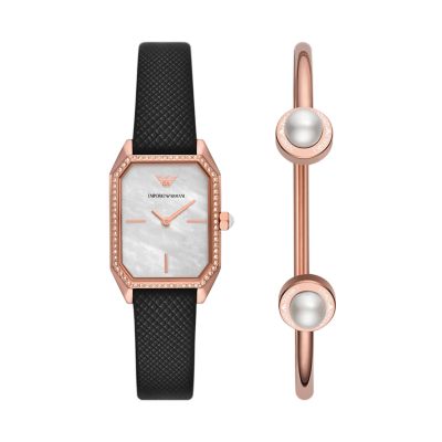 Emporio Armani Two-Hand Black Leather Watch and Rose Gold-Tone