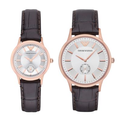 Three-Hand Brown Leather Watch Gift Set 