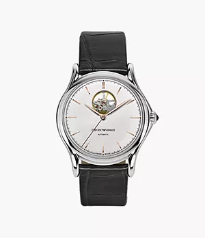 Emporio Armani Swiss Automatic Three-Hand Black Leather Watch