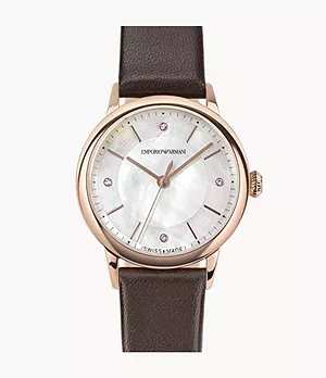 Emporio Armani Swiss Three-Hand Brown Leather Watch