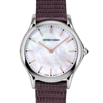 Montre suisse à trois aiguilles en cuir lézard violet pour femmes Emporio Armani