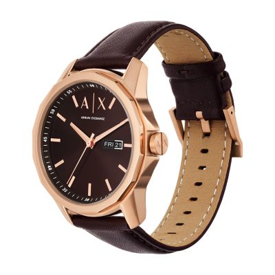 Gehen Sie zum Online-Shop! Armani Exchange Three-Hand Day-Date Brown Leather AX1740 Watch Watch Station - 