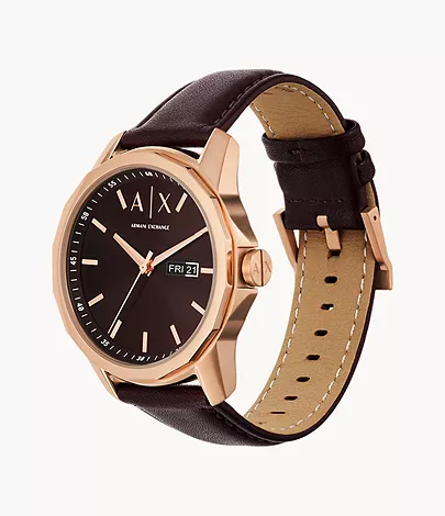 minderwertig Armani Exchange Three-Hand Day-Date Brown Leather Station Watch - - Watch AX1740