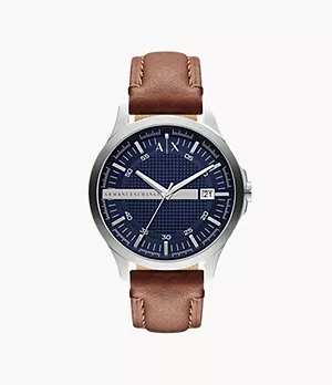 Armani Exchange Three-Hand Date Brown Leather Watch