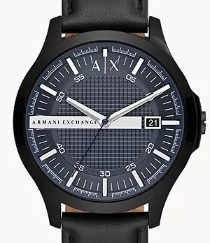 Armani Exchange Three-Hand Date Black Leather Watch