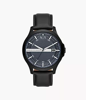 Armani Exchange Three-Hand Date Black Leather Watch
