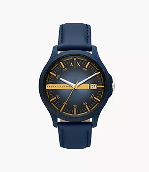 Armani Exchange Three-Hand Date Blue Leather Watch