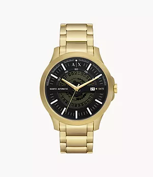 Armani Exchange Automatic Quartz Three-Hand Date Gold-Tone Stainless Steel Watch