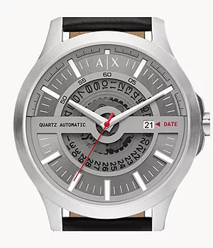Armani Exchange Automatic Quartz Three-Hand Date Black Leather Watch