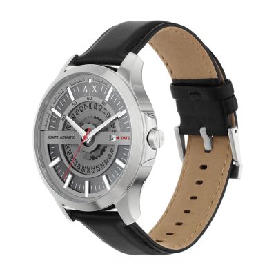 Armani Exchange Automatic Quartz Three-Hand Watch - Station Watch - AX2445 Leather Black Date