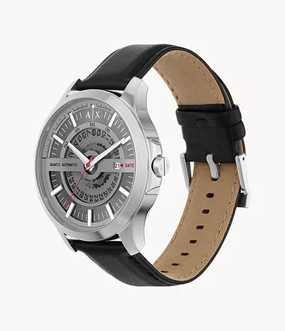 Black - Three-Hand Watch Station Quartz Watch Automatic Leather - Armani Exchange AX2445 Date