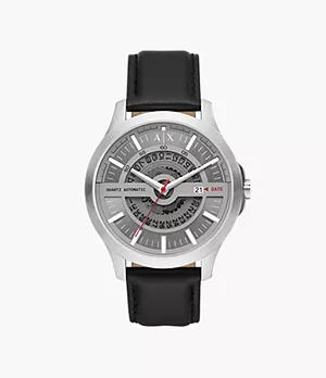 Armani Exchange Automatic Quartz Three-Hand Date Black Leather Watch
