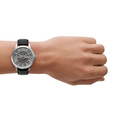 Armani Exchange Automatic Quartz Three-Hand Date Black Leather 