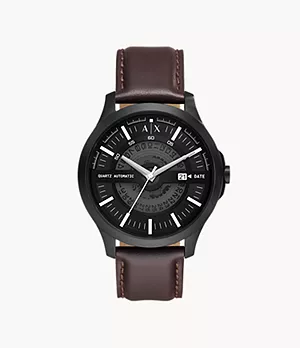 Armani Exchange Automatic Quartz Three-Hand Date Brown Leather Watch
