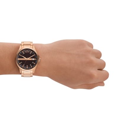 Armani Exchange Three-Hand Date Rose Gold-Tone Stainless Steel Watch