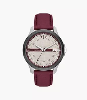 Armani Exchange Three-Hand Date Red Leather Watch