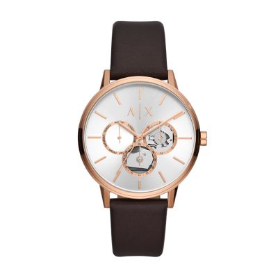 Armani Exchange Men's Multifunction Brown Leather Watch - Brown