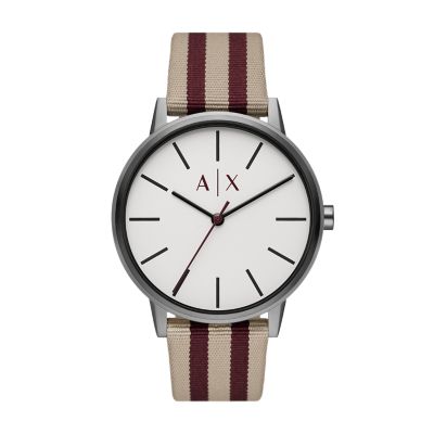 Armani Exchange Three-Hand Brown and Red Textile Watch