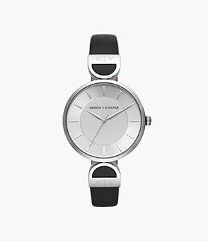 Armani Exchange Three-Hand Black Leather Watch