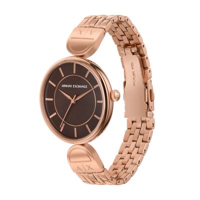 Armani Exchange Three Hand Rose Gold Tone Stainless Steel Watch