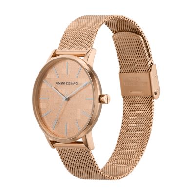 Armani Exchange Three-Hand Rose Gold-Tone Stainless Steel Mesh