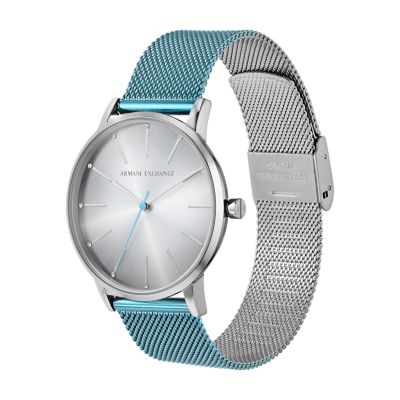 Armani Exchange Three-Hand Blue Stainless Steel Mesh Watch 