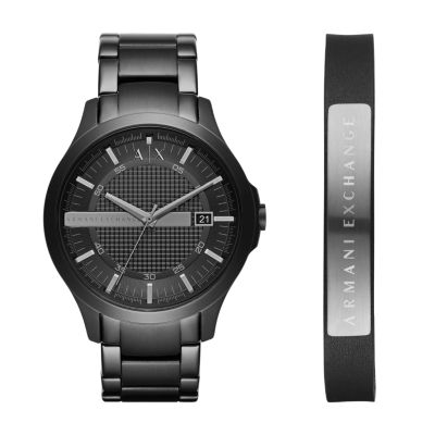 Station Exchange Armani AX7101 Three-Hand Watch - Date and Stainless Steel Bracelet Watch Set - Black Gift