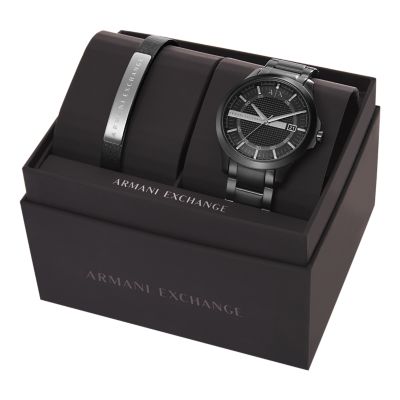 Armani Exchange Three-Hand Watch Watch Set Steel Bracelet - and Date Gift Stainless Black Station - AX7101