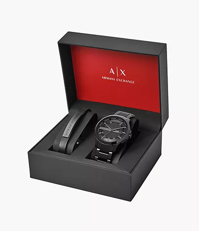 and - Stainless Bracelet Station Watch Black Set Gift Watch AX7101 Three-Hand Date Steel Exchange - Armani