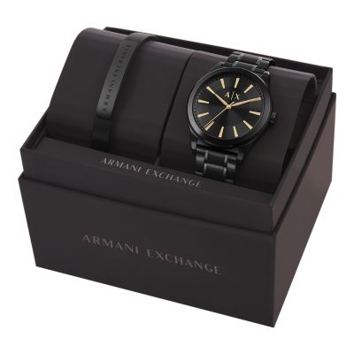 Armani Exchange Three-Hand Date Black Stainless Steel Watch and Bracelet  Gift Set