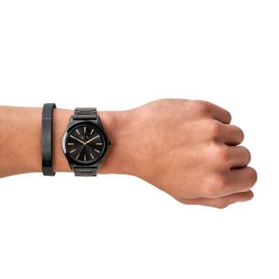 Armani Exchange - 3-Zeiger-Werk schwarz Uhr Station Edelstahl AX7102 Watch Armband Geschenkset -