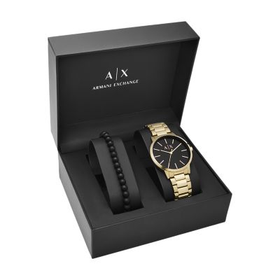 Armani Exchange Three-Hand Gold-Tone Stainless and Watch Gift - Steel Station Watch Set - Bracelet AX7119