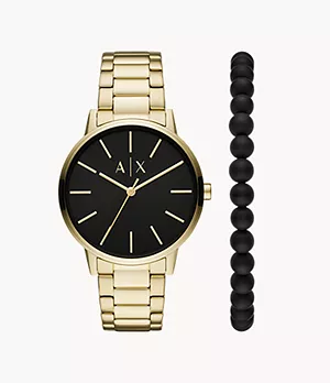 Coffret cadeau avec montre à trois aiguilles en acier inoxydable ton or et bracelet Armani Exchange