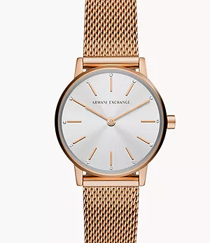 Coffret cadeau Armani Exchange avec montre à deux aiguilles en acier inoxydable, doré rose, et bracelet