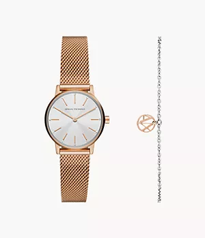 Coffret cadeau avec montre à deux aiguilles en acier inoxydable de ton or rose et bracelet Armani Exchange