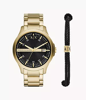 Coffret cadeau montre Armani Exchange à trois aiguilles en acier inoxydable, dorée, et bracelet