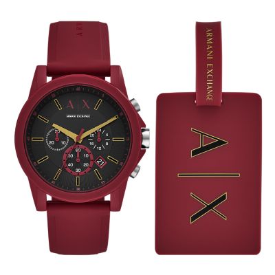 Armani Exchange Chronograph Red Silicone Watch and Luggage Tag Gift Set AX7125 - Watch Station