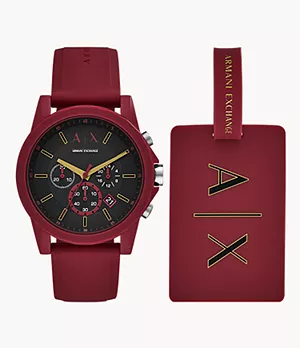 Coffret cadeau avec montre chronographe en silicone rouge et étiquette à bagages Armani Exchange